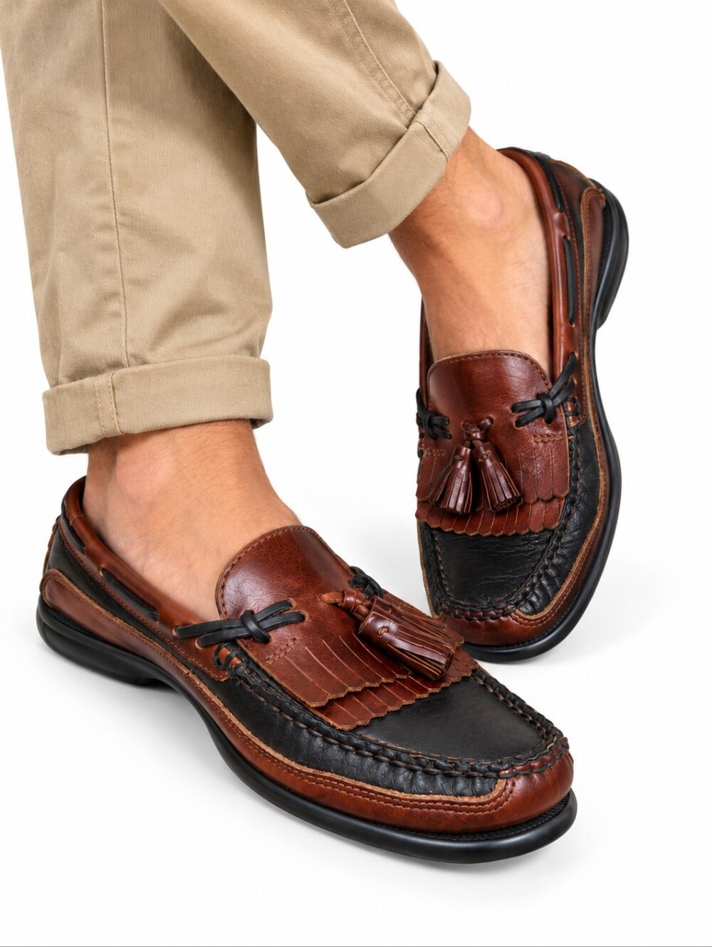 Sperry Men’s Two-Tone Leather Kiltie Tassel Loafers Brown Black Size 9W
